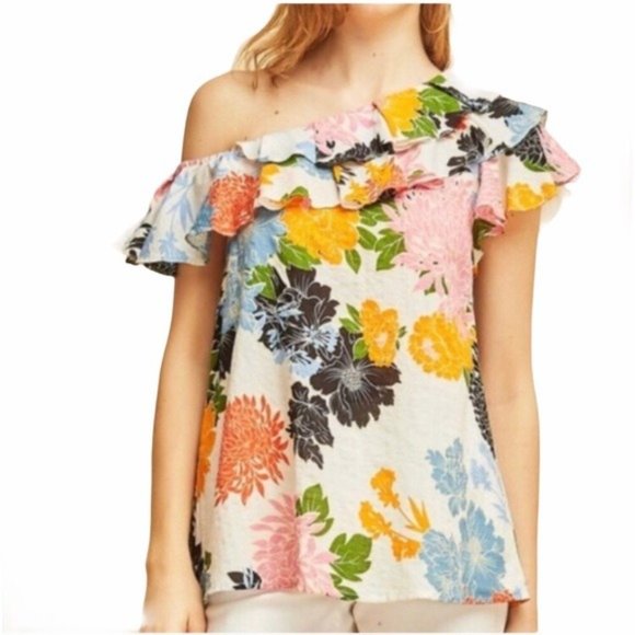 entro Tops - Entro Ruffle One Shoulder Floral Colorful Top SM